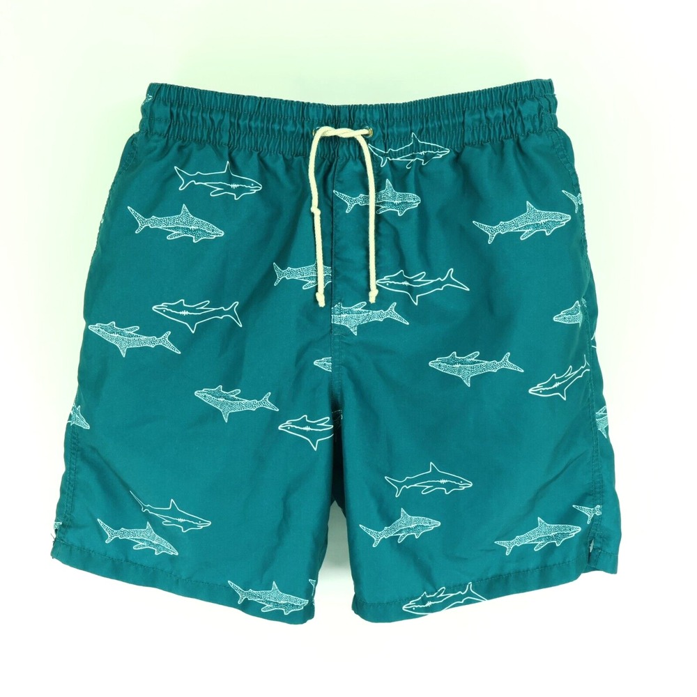 Old Navy Swim Trunks w/ Liner Mens‎ Size L Green Sharks Stretch Waist Drawstring